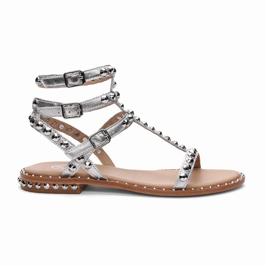 Sandale Ash Play Metallic Studded Flat Argent Femme | DNS-5592763